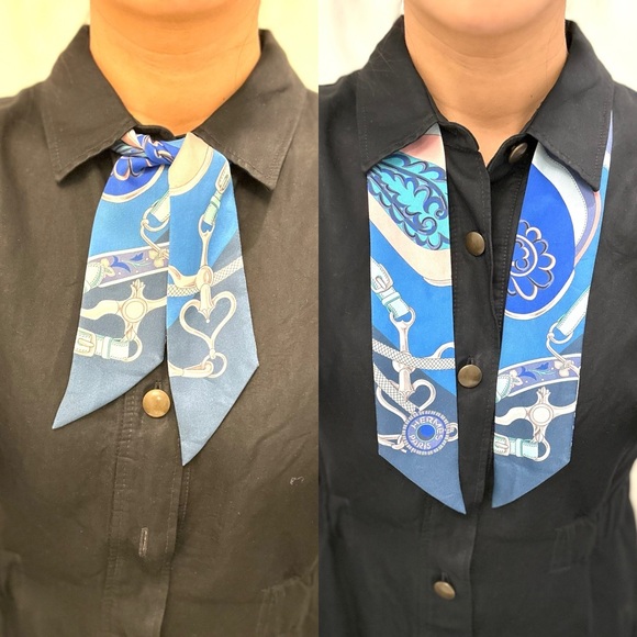 ❤️SOLD❤️ Auth HERMES Blue Abstract Twilly Silk Ribbon 34” x 2” - Picture 10 of 16